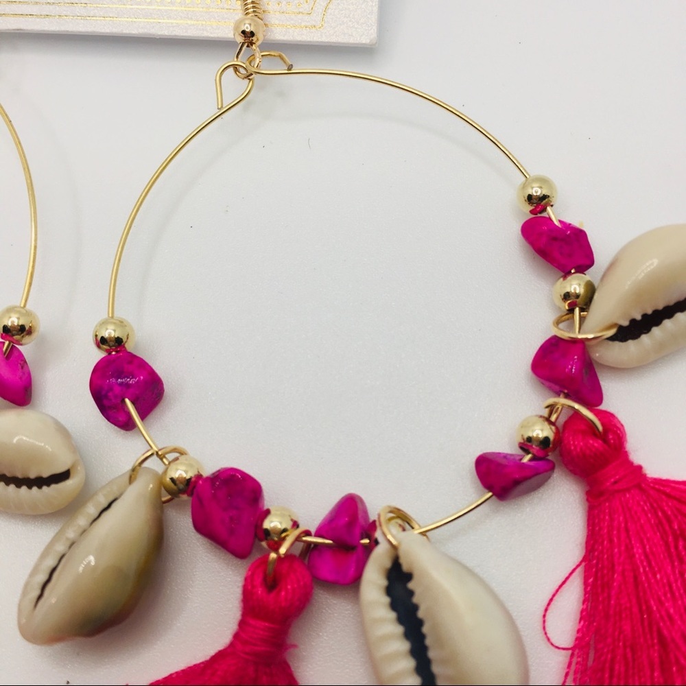 EARRINGS BOHO TASSELS DEEP PINK, purple stones! - Picture 6 of 9